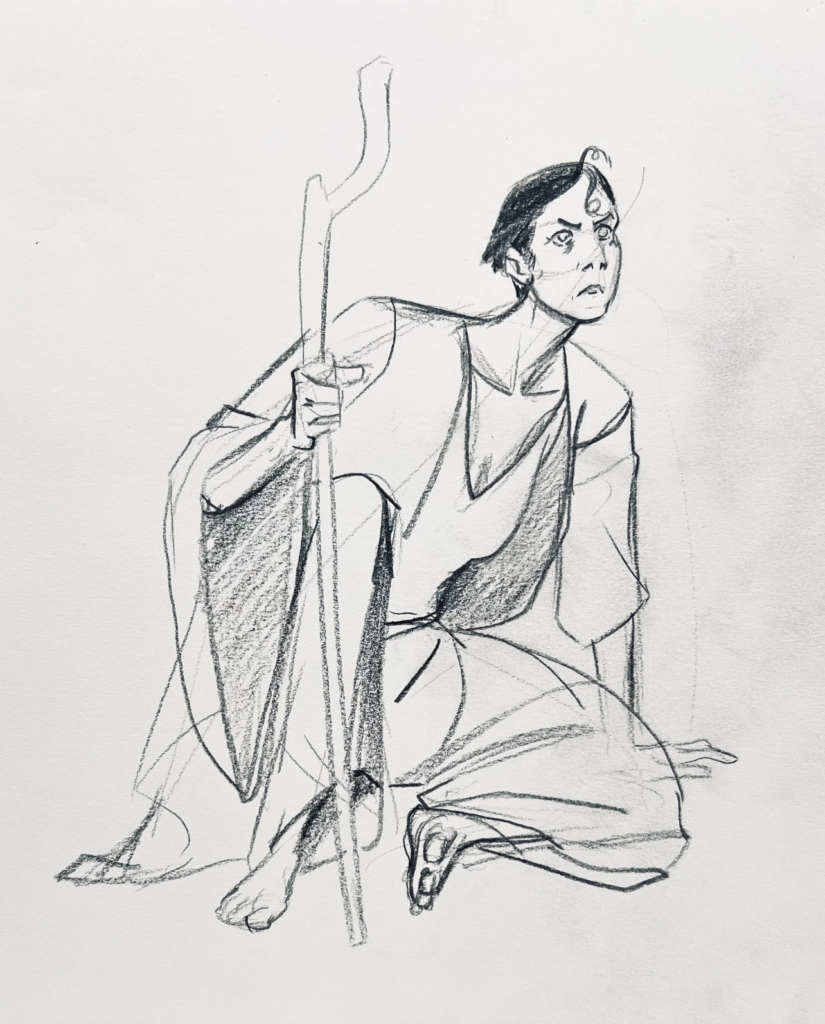 Figure seated with the left leg bent forward, holding a wooden staff, looking forward to the right, with a serious, concerned look.